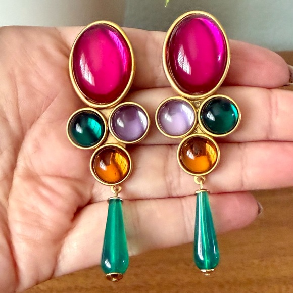 Vintage 80s Acrylic Matte Gold Dangle Cabochon Clip on Earrings Multicolor Drop - Picture 10 of 12